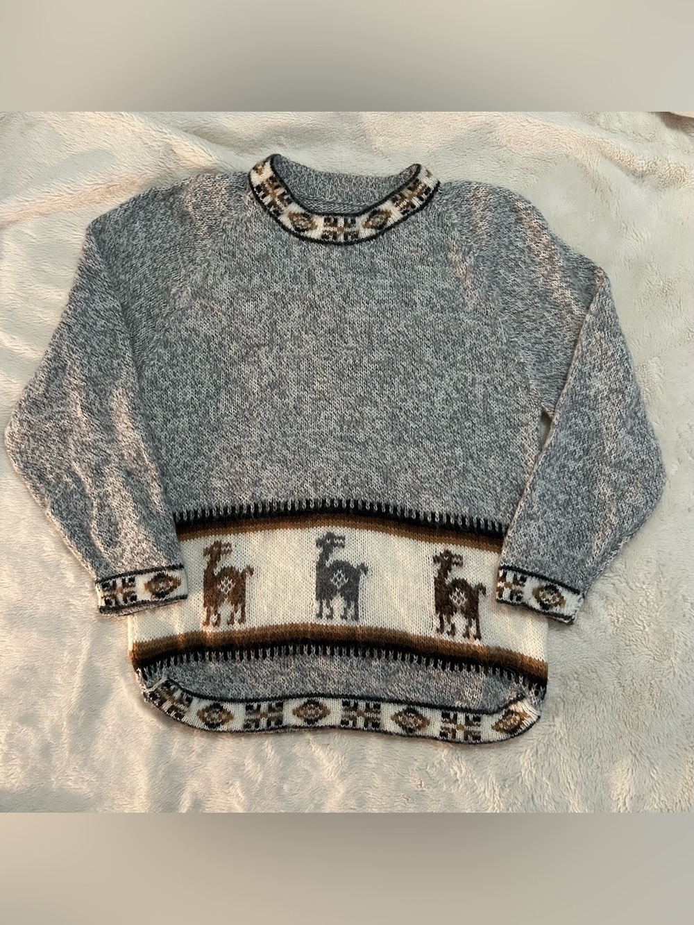 Vintage Hand Knit Cozy Andean  Gray Alpaca Sweater